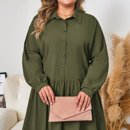 Four Leaf Clover Plus Size Collar Half Button Long Sleeve Ruffle Hem Mini Dress