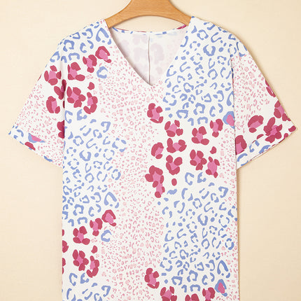 Pink Mixed Leopard Print V Neck Short Sleeve Blouse