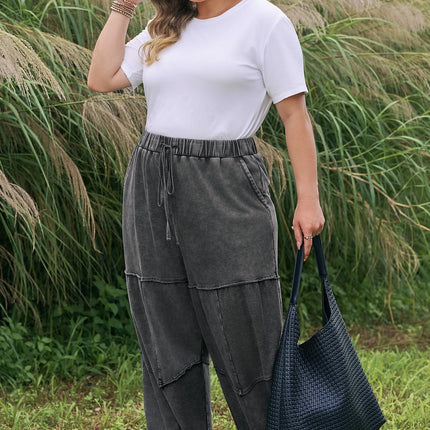 Black Plus Size Mineral Wash Exposed Seam Patchwork Drawstring Loose Pants