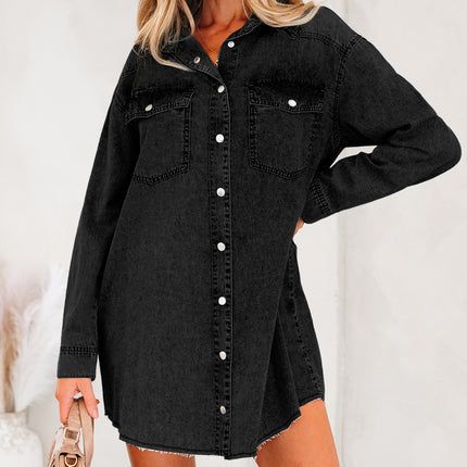 Medium Grey Beau Chest Pocket Raw Hem Denim Loose Shirt Dress