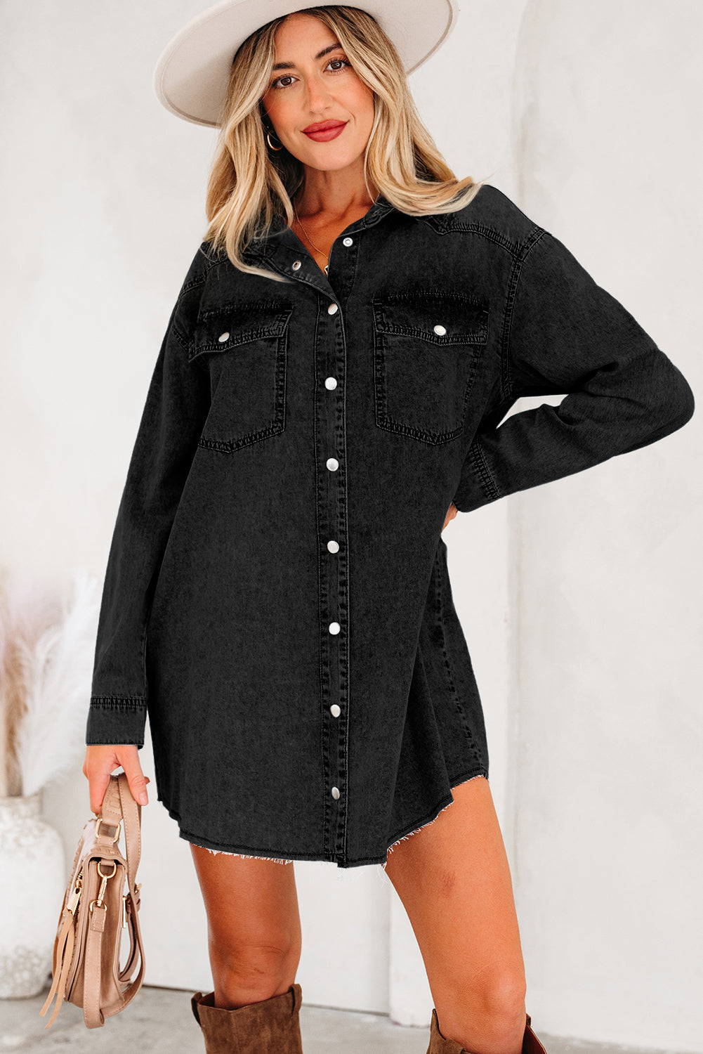 Medium Grey Beau Chest Pocket Raw Hem Denim Loose Shirt Dress