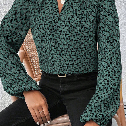 Green Geometric Print Notched Neck Puff Sleeve Blouse