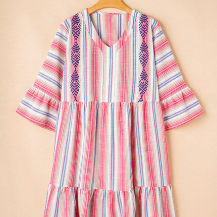 White Stripe Plus Size Embroidered Detail Flared 3/4 Sleeve V Neck Dress