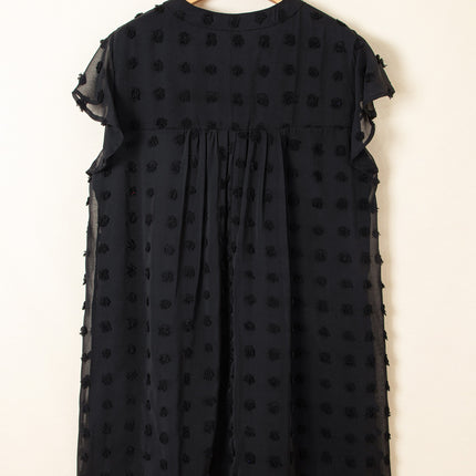 Black Dotty Textured Notched Neck Plus Ruffled Dress