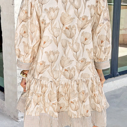 Khaki Plus Size Floral Print Striped Trim Patchwork Button Down A-line Dress