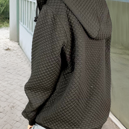 Black Quilted Side Pockets Zipper Hooded Jacket