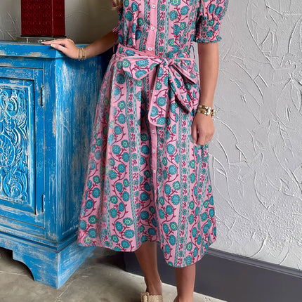 Pink Floral Shirred Puff Sleeve Buttoned Front Midi Dress with Sash