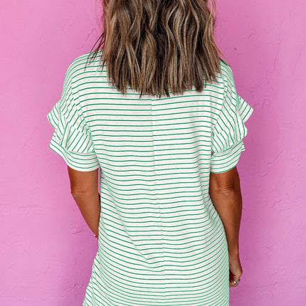 Green Stripe Ruffled Short Sleeve Crew Neck T Shirt Shift Mini Dress