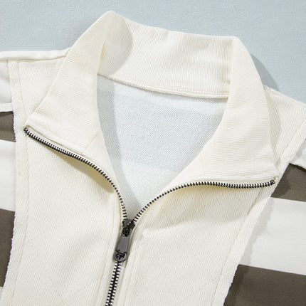 Green Stripe Plus Size Half Zipped Casual Sweatshirt