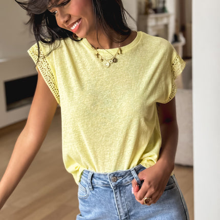 Yellow Cream Lace Patchwork Cap Sleeve Round Neck T Shirt
