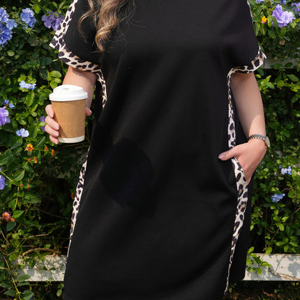 Black Plus Size Leopard Print Patchwork Shift T Shirt Dress with Pockets