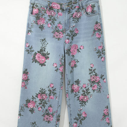 Sky Blue Plus Size Floral Print Ankle Length Loose Jeans