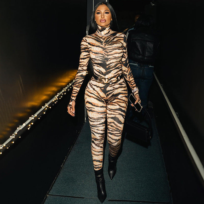 Women's Sexy Tiger Pattern Positioning Printed Turtleneck Jumpsuit