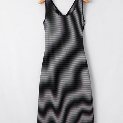 Black Stripe Criss Cross Side Slits Slim Fit Sleeveless Midi Dress