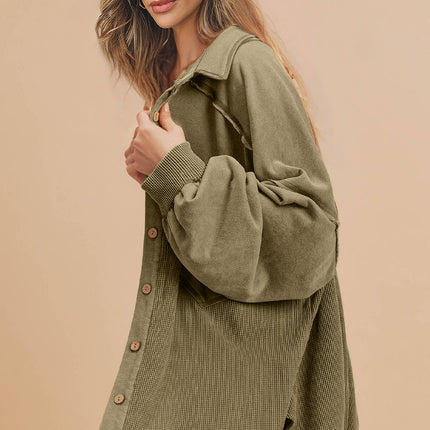Moss Green Waffle Knit Patchwork Buttoned Oversized Shacket