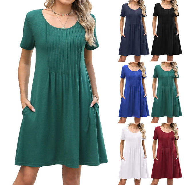 Solid-color Crewneck Ribbed Loose-fit Short-sleeve Pocket Dress