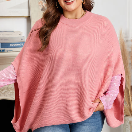 Light Pink Ribbed Knit Half Sleeve Plus Size Poncho Style Sweater