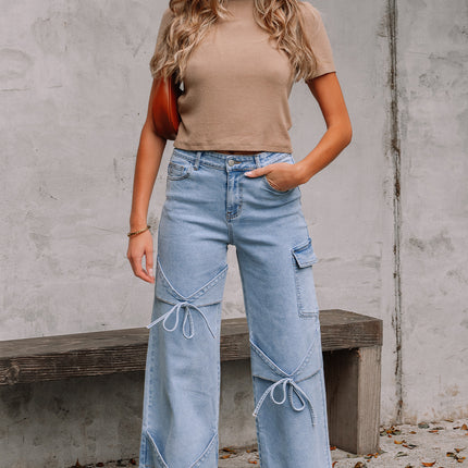 Beau Blue Bowknot Decor Boyfriend Cargo Jeans