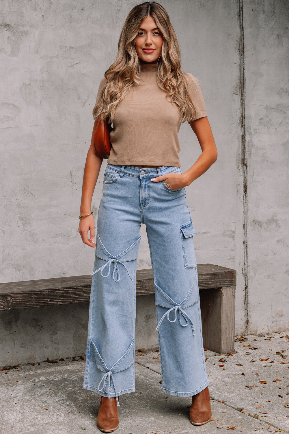 Beau Blue Bowknot Decor Boyfriend Cargo Jeans
