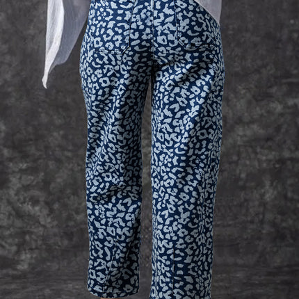 Blue Leopard Printed Drawstring Elastic Waistband Pocketed Wide Leg Jeans