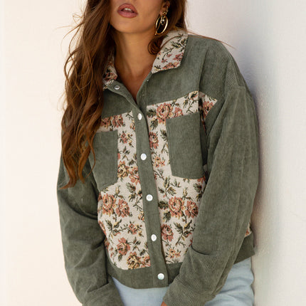 Sage Green Ribbed Retro Floral Patchwork Shirt Style Jacket