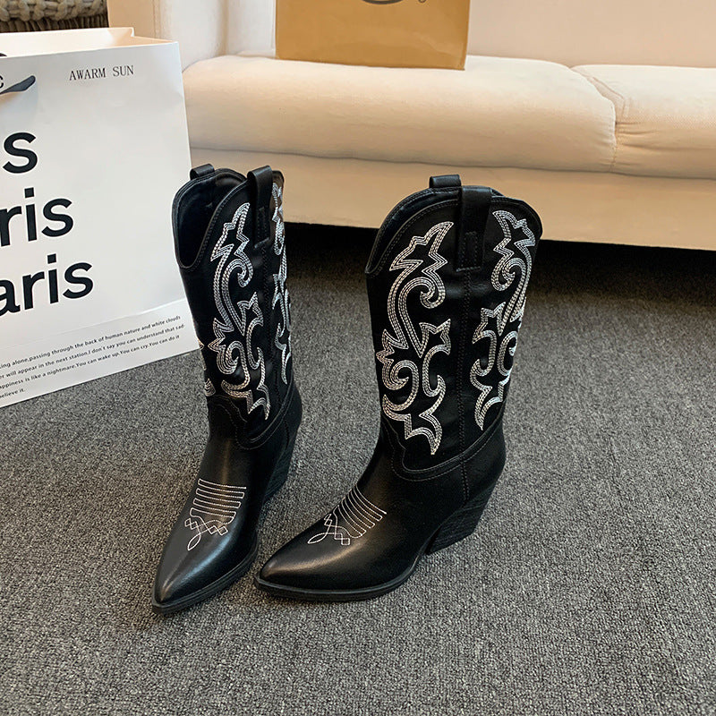 Embroidered Mid-calf Retro Cowboy Boot Women