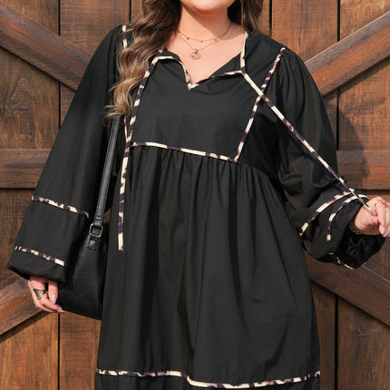 Black Plus Size Long Sleeve Leopard Contrasted Trim Tie Neck Flared Mini Dress
