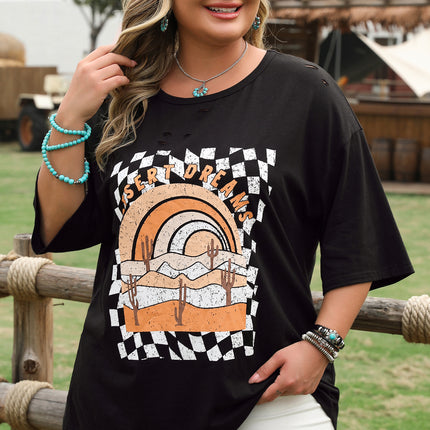 Black Checkerd DESERT DREAMS Printed Ripped Plus Size Tee