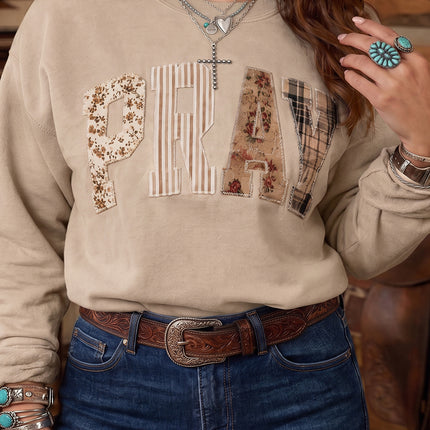 Coffee PRAY Letter Patchwork Round Neck Long Sleeve Plus Size Sweatshirt