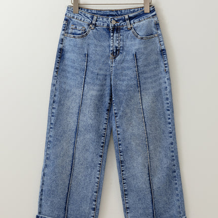 Myosotis Center Seam Cuffed Hem Straight High Waist Jeans