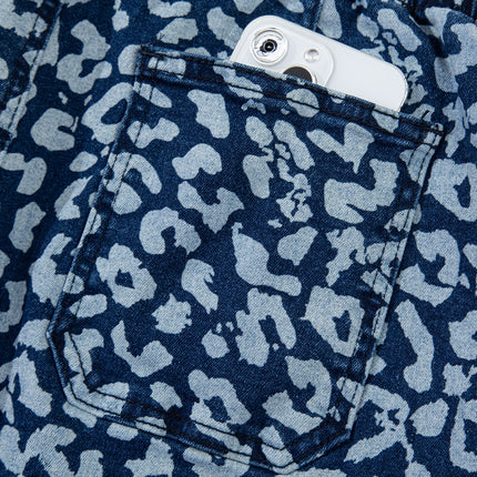 Blue Leopard Printed Drawstring Elastic Waistband Pocketed Wide Leg Jeans