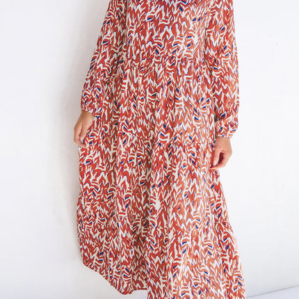 Orange Abstract Print V Neck Pleated High Waist Midi Dress