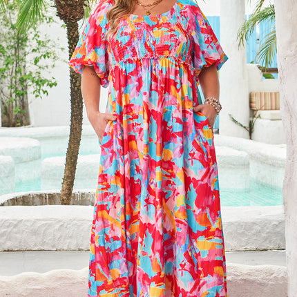 Rose Abstract Printed Puff Sleeve Square Neck Smocked Bust Tied Back Plus Size Dress