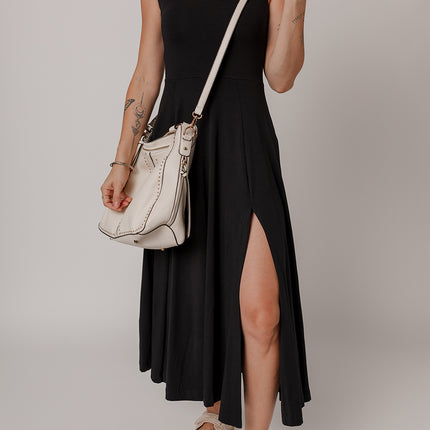 Black Sleeveless Scoop Neck Flared Split Midi Dress