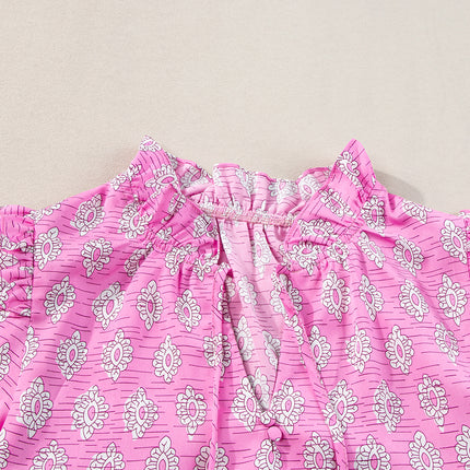 Pink Vintage Floral Ruffled Split Neck Short Sleeve Blouse