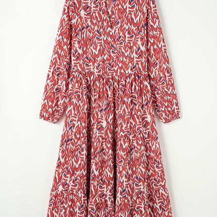 Orange Abstract Print V Neck Pleated High Waist Midi Dress