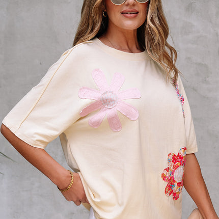 Apricot Flower Patched Exposed Stitching Trim Crew Neck Loose Tee