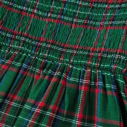 Green Tartan Plaid Square Neck Puff Sleeve Knot Waist Flared Midi Dress