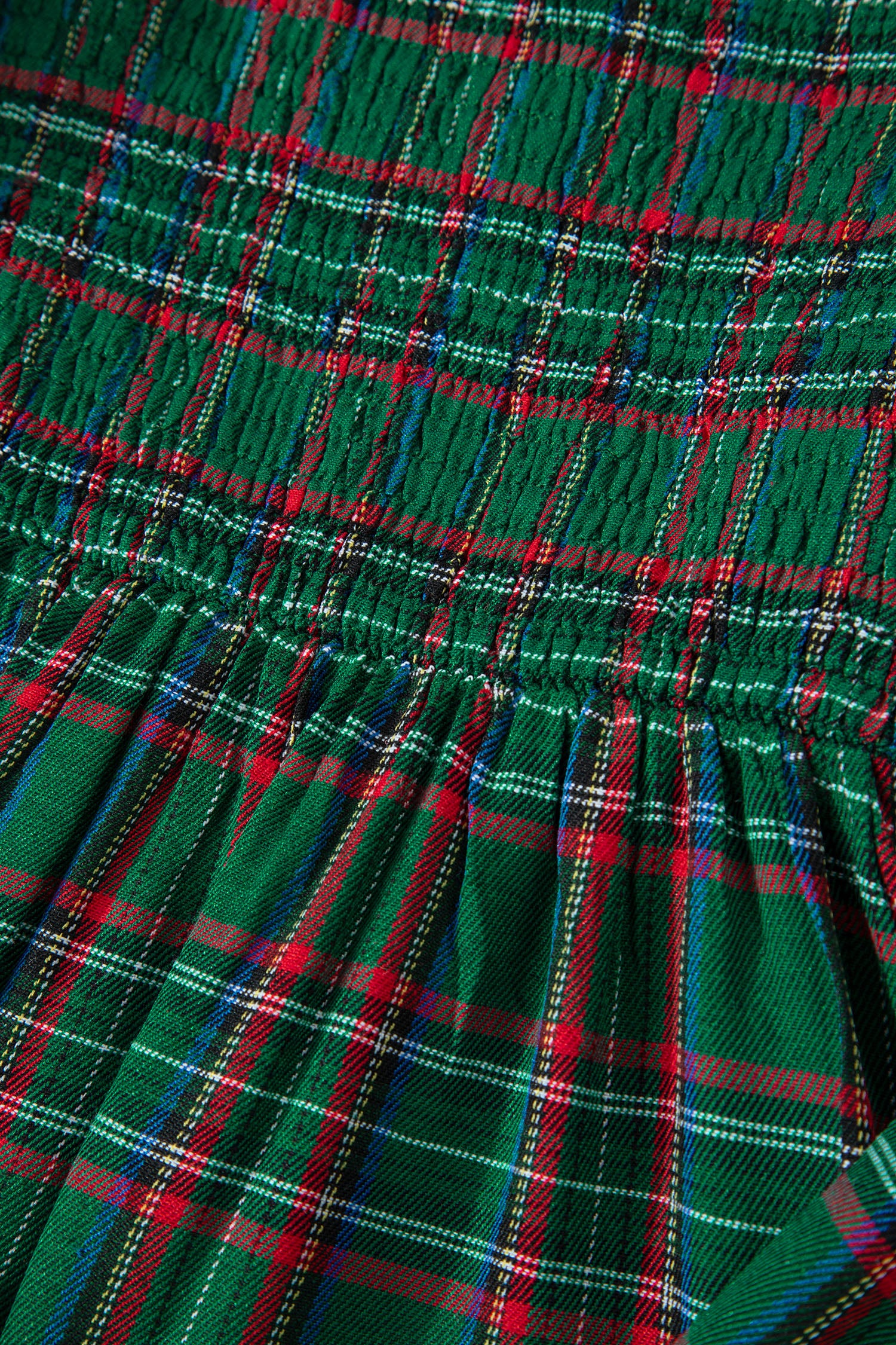 Green Tartan Plaid Square Neck Puff Sleeve Knot Waist Flared Midi Dress