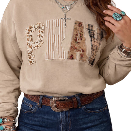 Coffee PRAY Letter Patchwork Round Neck Long Sleeve Plus Size Sweatshirt