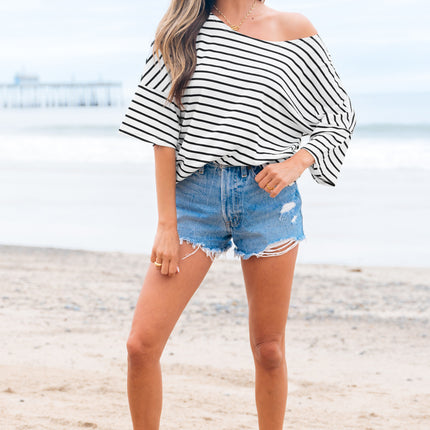 Black Stripe Half Sleeve Scoop Neck Loose Top