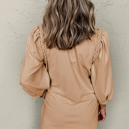 Light French Beige Braided Trim Puff Sleeve Dress