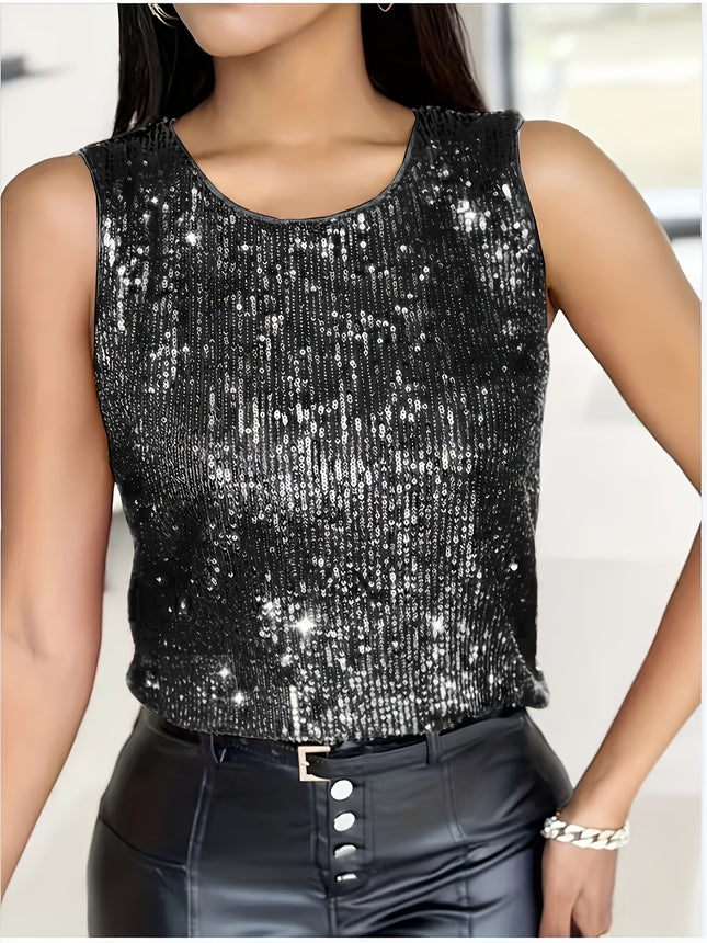 Womens Plus-Size Solid-Colored Sequin Crew-Neck Sleeveless Tank Top