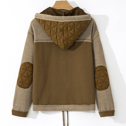 Jungle Green Quilted Textured Patchwork Loose Fit Hooded Jacket