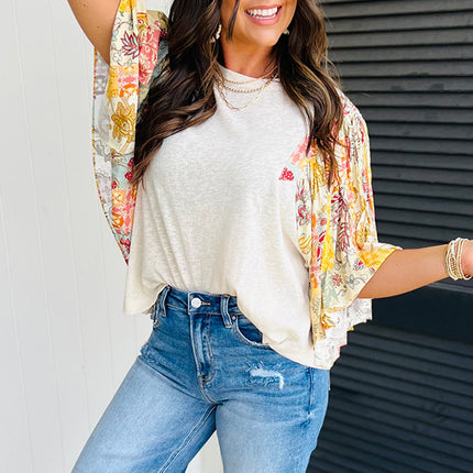 Beige Floral Patchwork Half Batwing Sleeve Blouse