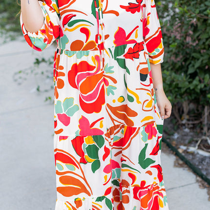 Orange Floral Print Drawstring V Neck Tiered Plus Size Dress