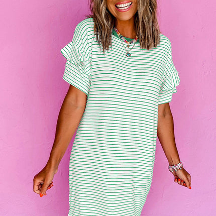 Green Stripe Ruffled Short Sleeve Crew Neck T Shirt Shift Mini Dress