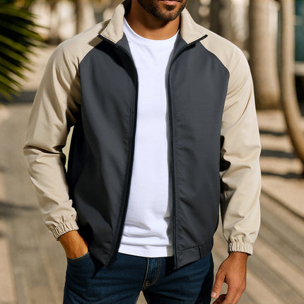 Men's Casual Coat Stand Collar Contrast Color Jacket