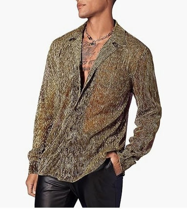 Fashion Shiny Crystal See-through Lapel Long Sleeve Shirt