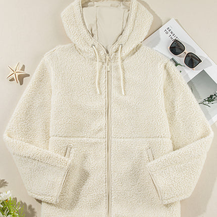 Beige Fleece Zip Up Drawstring Hooded Pocketed Jacket
